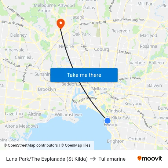 Luna Park/The Esplanade to Tullamarine map