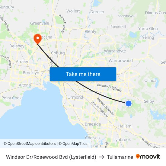 Windsor Dr/Rosewood Bvd (Lysterfield) to Tullamarine map