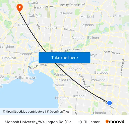 Monash University/Wellington Rd to Tullamarine map
