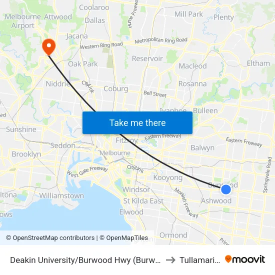 Deakin University/Burwood Hwy to Tullamarine map