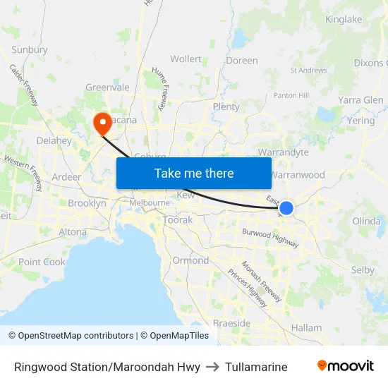 Ringwood Station/Maroondah Hwy to Tullamarine map