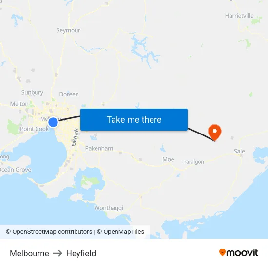 Melbourne to Heyfield map