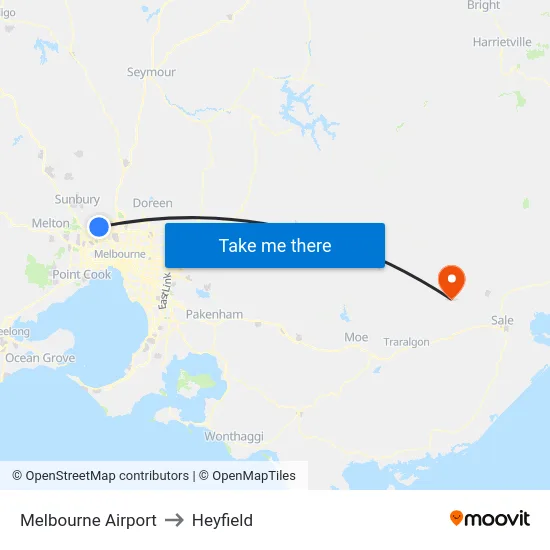 Melbourne Airport to Heyfield map