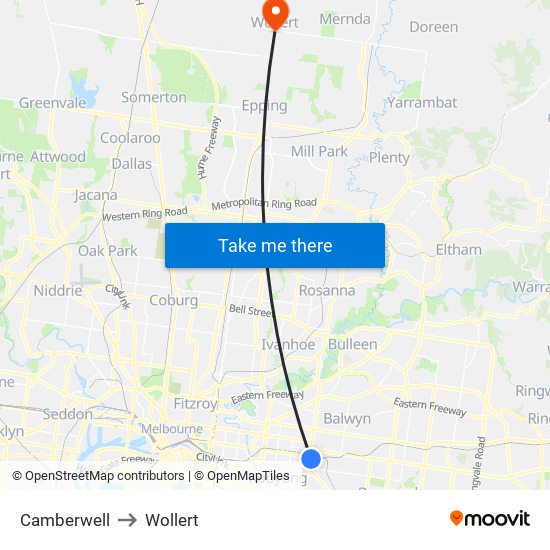 Camberwell to Wollert map