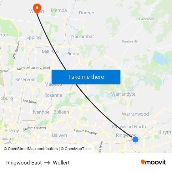 Ringwood East to Wollert map