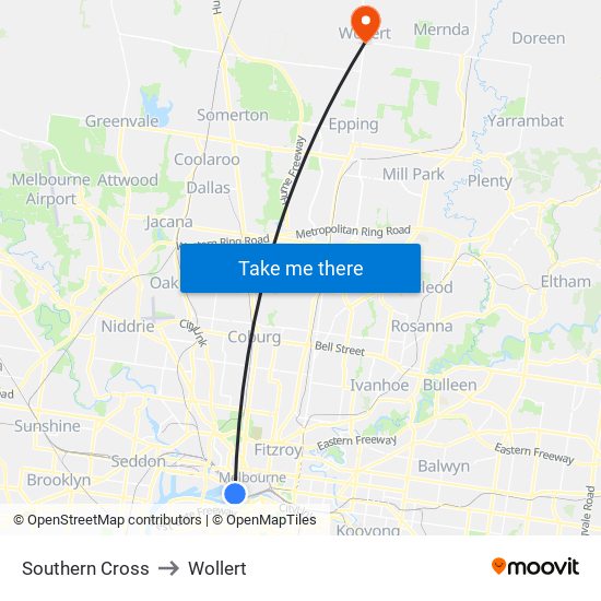 Southern Cross to Wollert map