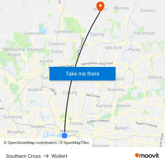 Southern Cross to Wollert map