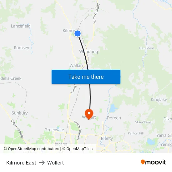 Kilmore East to Wollert map