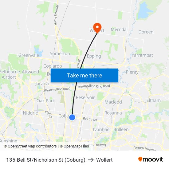 135-Bell St/Nicholson St (Coburg) to Wollert map