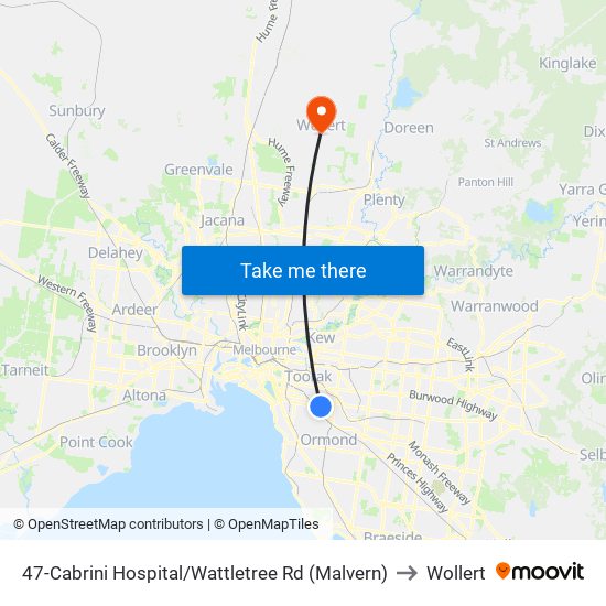 47-Cabrini Hospital/Wattletree Rd (Malvern) to Wollert map