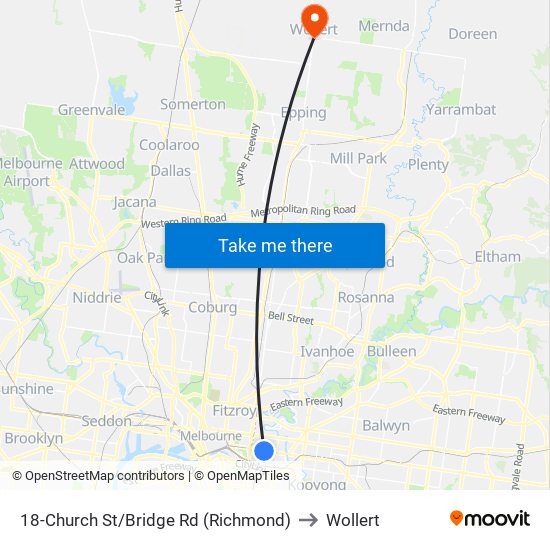 18-Church St/Bridge Rd (Richmond) to Wollert map