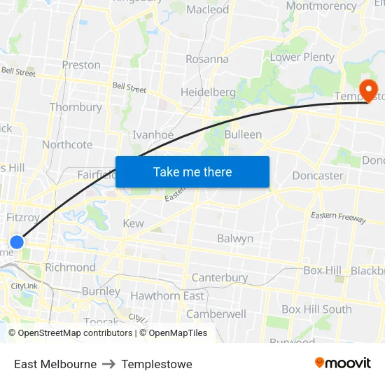 East Melbourne to Templestowe map