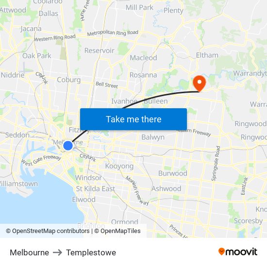 Melbourne to Templestowe map