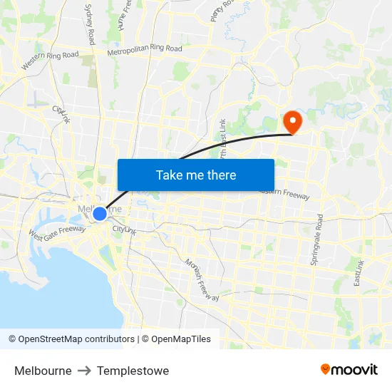 Melbourne to Templestowe map