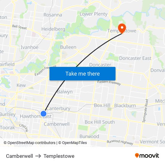 Camberwell to Templestowe map