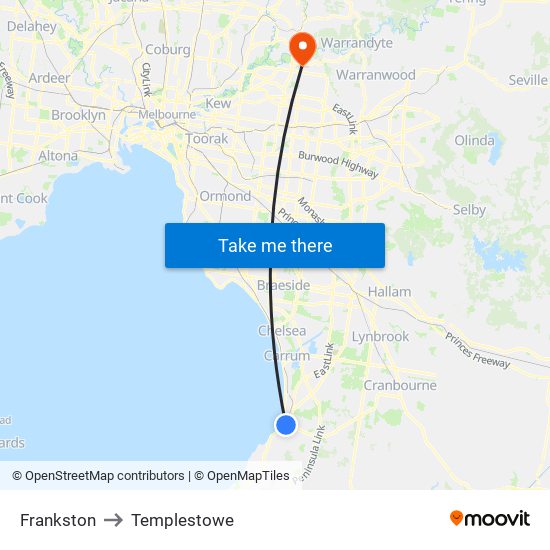 Frankston to Templestowe map