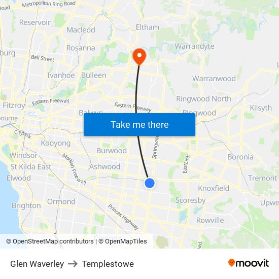 Glen Waverley to Templestowe map