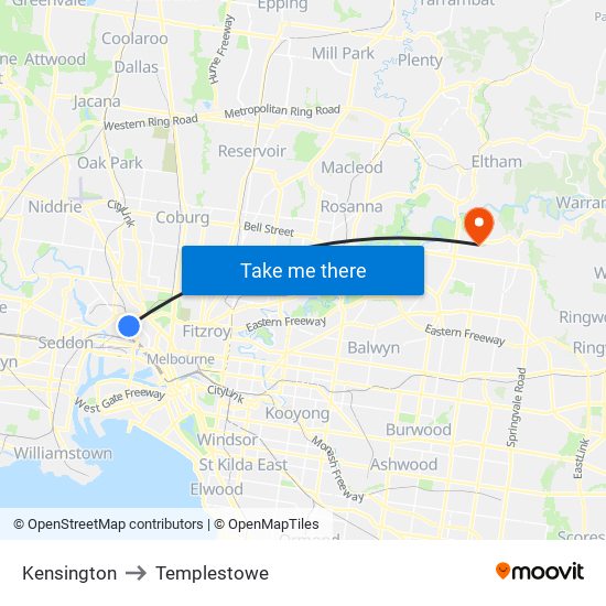 Kensington to Templestowe map