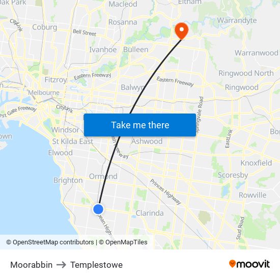 Moorabbin to Templestowe map