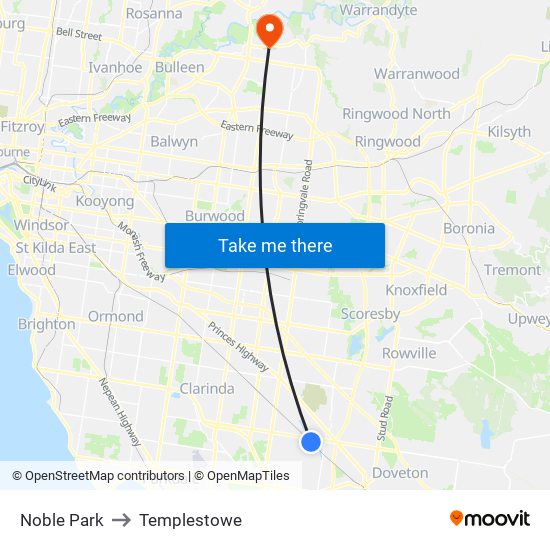 Noble Park to Templestowe map