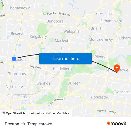 Preston to Templestowe map