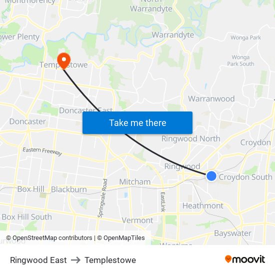 Ringwood East to Templestowe map