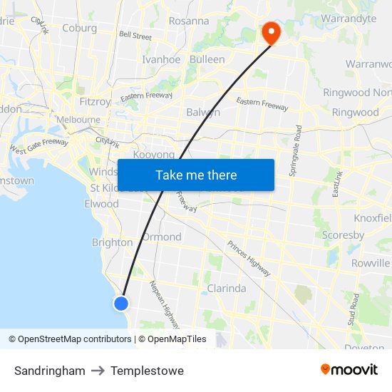 Sandringham to Templestowe map