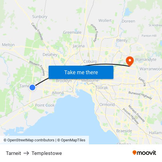 Tarneit to Templestowe map