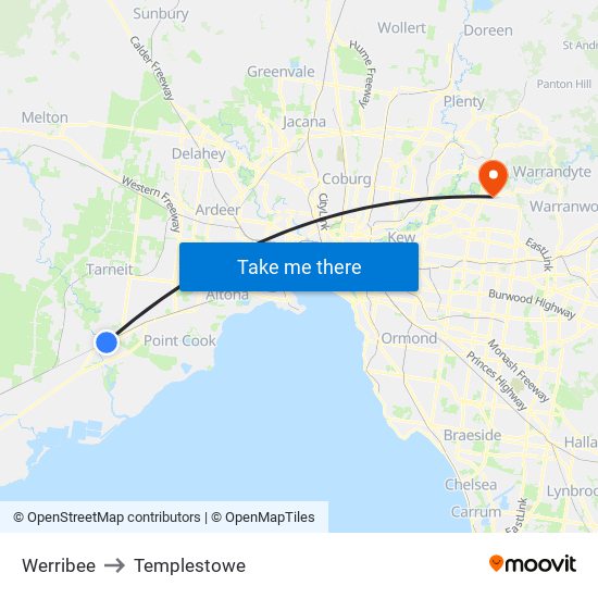 Werribee to Templestowe map