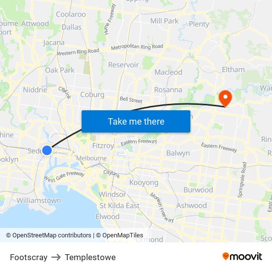 Footscray to Templestowe map