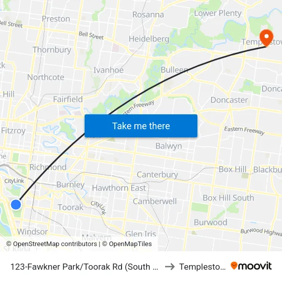 Fawkner Park/Toorak Rd #123 to Templestowe map