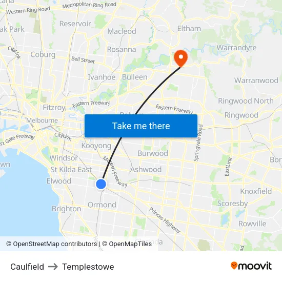 Caulfield to Templestowe map