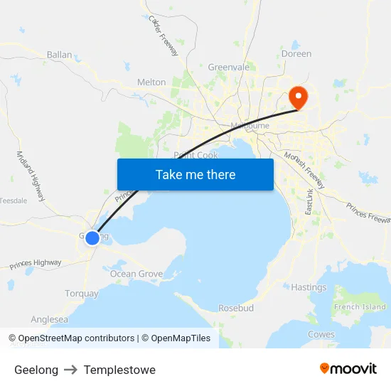 Geelong to Templestowe map