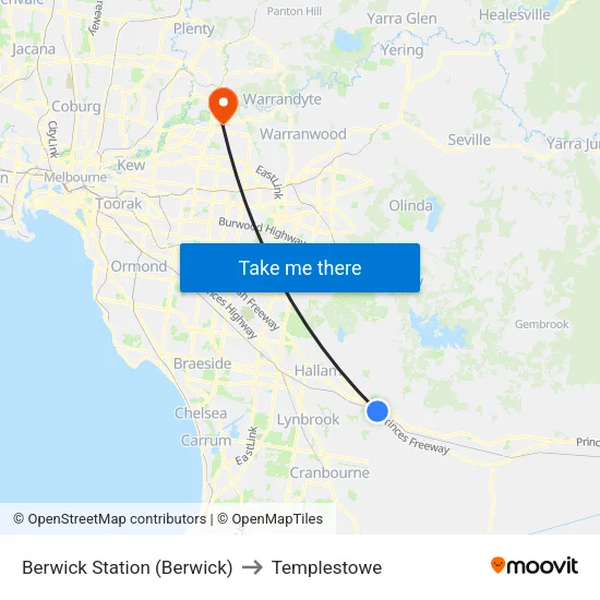 Berwick Station to Templestowe map