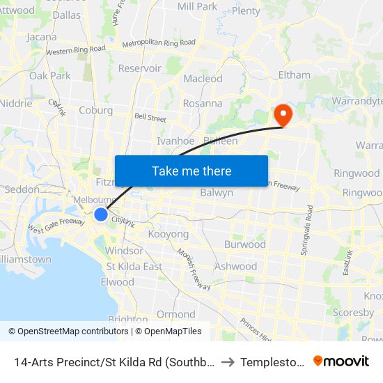 14-Arts Precinct/St Kilda Rd (Southbank) to Templestowe map