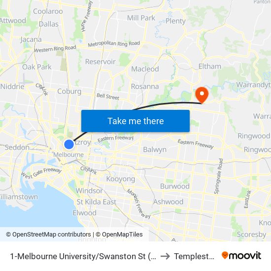 1-Melbourne University/Swanston St (Carlton) to Templestowe map