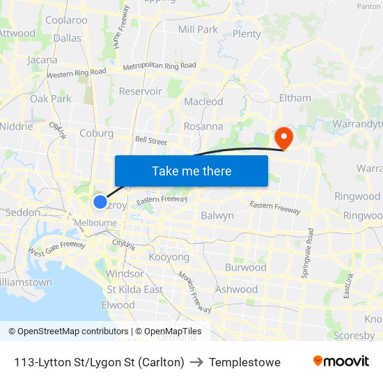 113-Lytton St/Lygon St (Carlton) to Templestowe map