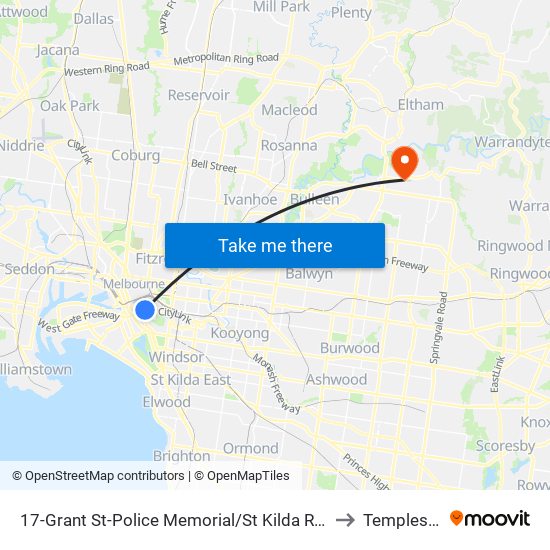 17-Grant St-Police Memorial/St Kilda Rd (Southbank) to Templestowe map