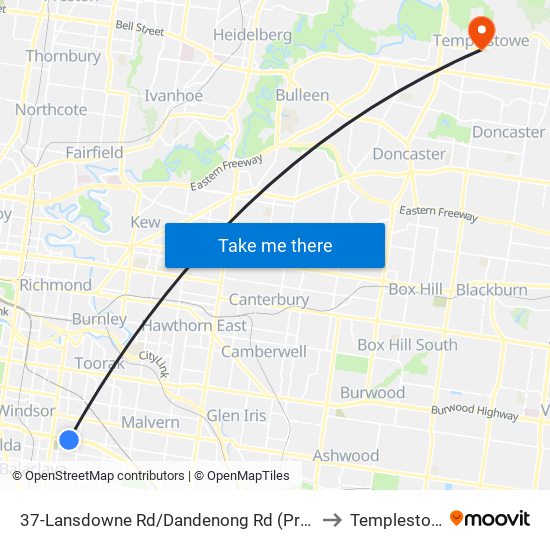 37-Lansdowne Rd/Dandenong Rd (Prahran) to Templestowe map