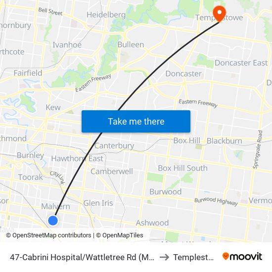 47-Cabrini Hospital/Wattletree Rd (Malvern) to Templestowe map