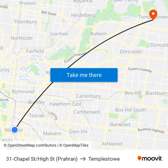 31-Chapel St/High St (Prahran) to Templestowe map