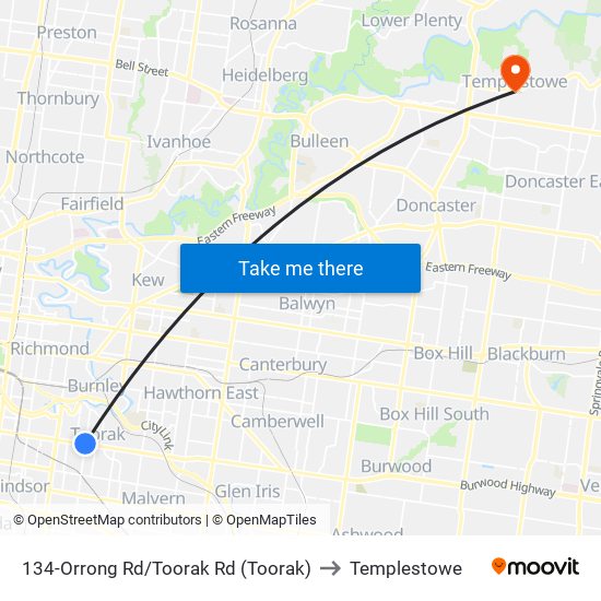 134-Orrong Rd/Toorak Rd (Toorak) to Templestowe map