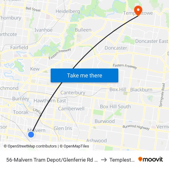 56-Malvern Tram Depot/Glenferrie Rd (Malvern) to Templestowe map