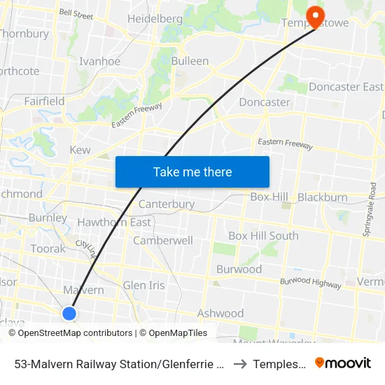 Malvern Railway Station/Glenferrie Rd #53 to Templestowe map