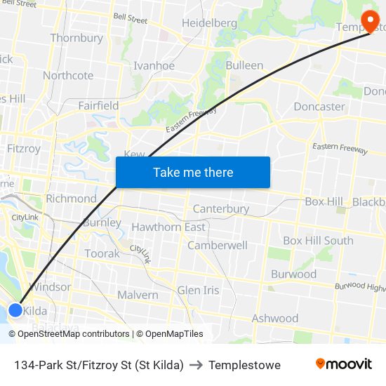 134-Park St/Fitzroy St (St Kilda) to Templestowe map