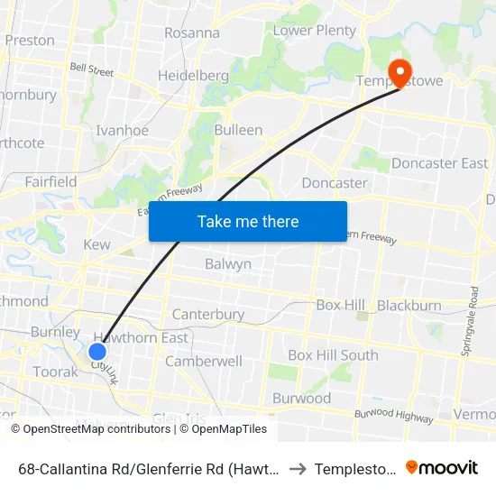 Callantina Rd/Glenferrie Rd #68 to Templestowe map