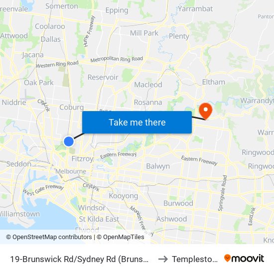 19-Brunswick Rd/Sydney Rd (Brunswick) to Templestowe map