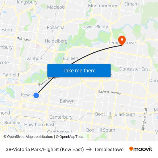 38-Victoria Park/High St (Kew East) to Templestowe map