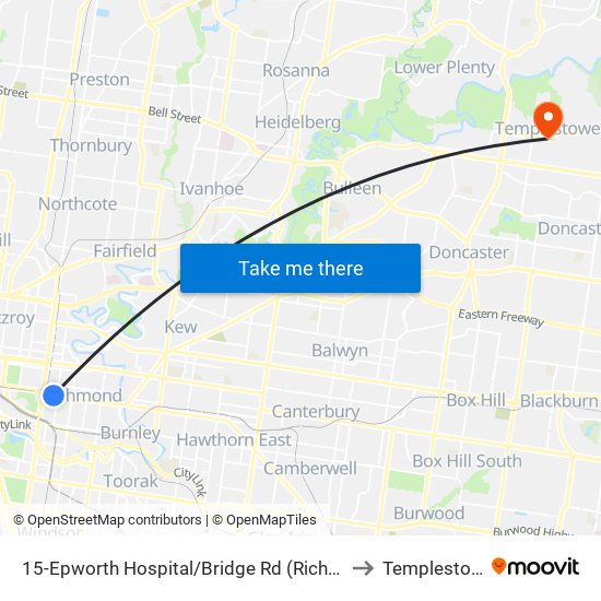 15-Epworth Hospital/Bridge Rd (Richmond) to Templestowe map