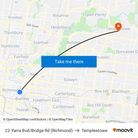 22-Yarra Bvd/Bridge Rd (Richmond) to Templestowe map